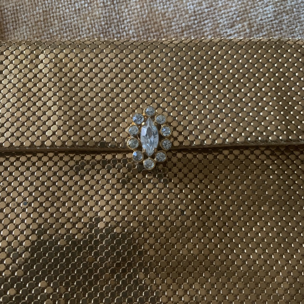 Whiting and Davis Vintage Gold clutch with diamond closure